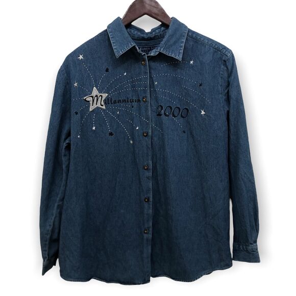 Karen Scott Millenium 2000 Embroidered Denim Button Down Womens Large - Picture 1 of 6